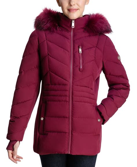 women's faux-fur-trim hooded puffer coat michael kors